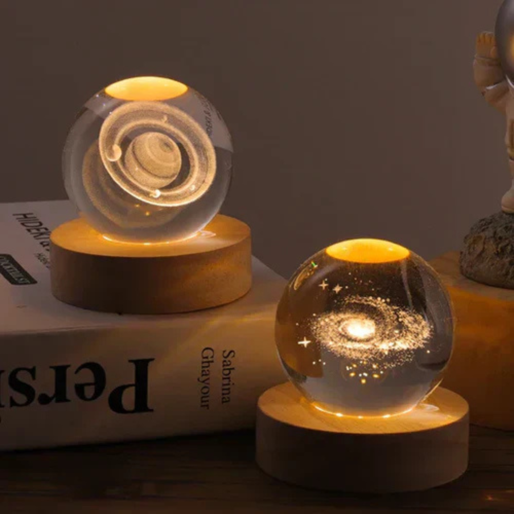 Engraved glass light ball on wooden base | Velzora