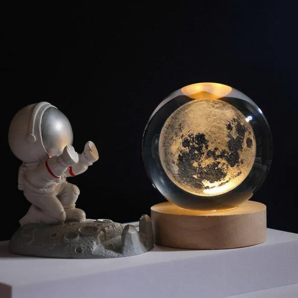 Engraved glass light ball on wooden base | Velzora
