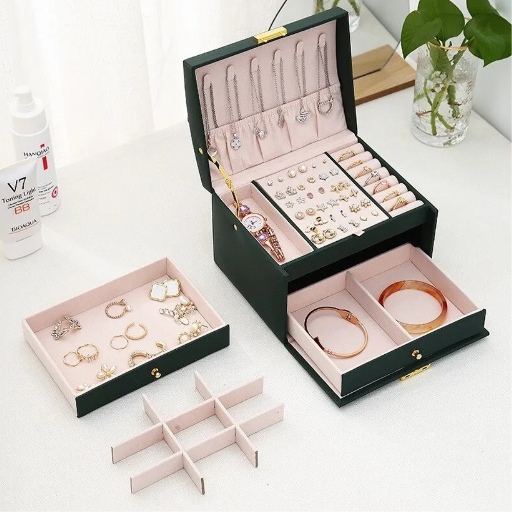Boîte à bijoux à trois tiroirs en similicuir texturé | Velzora
