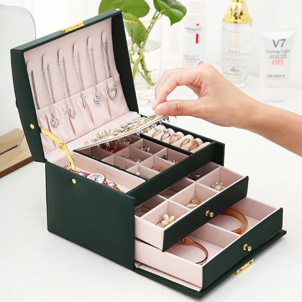 Boîte à bijoux à trois tiroirs en similicuir texturé | Velzora