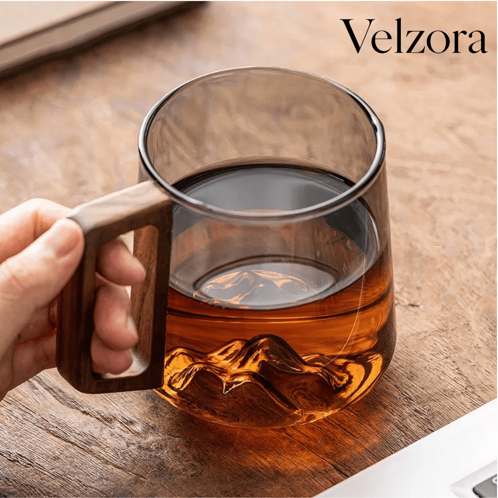 Velzora - Tasses à café inclinées en verre fumé avec poignée en noyer