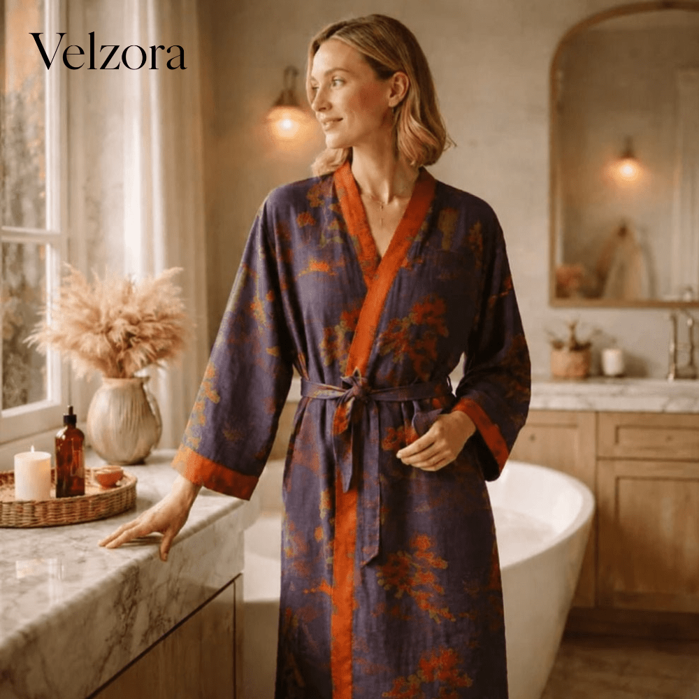 Velzora - Peignoir kimono en coton gaufré naturel à coupe ample | Velzora
