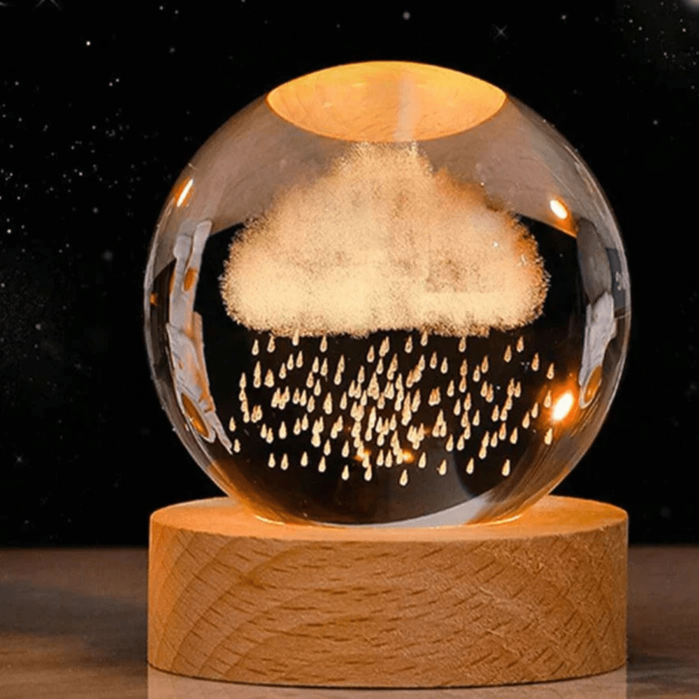 Velzora - Boule lumineuse gravée en verre sur socle en bois | Velzora