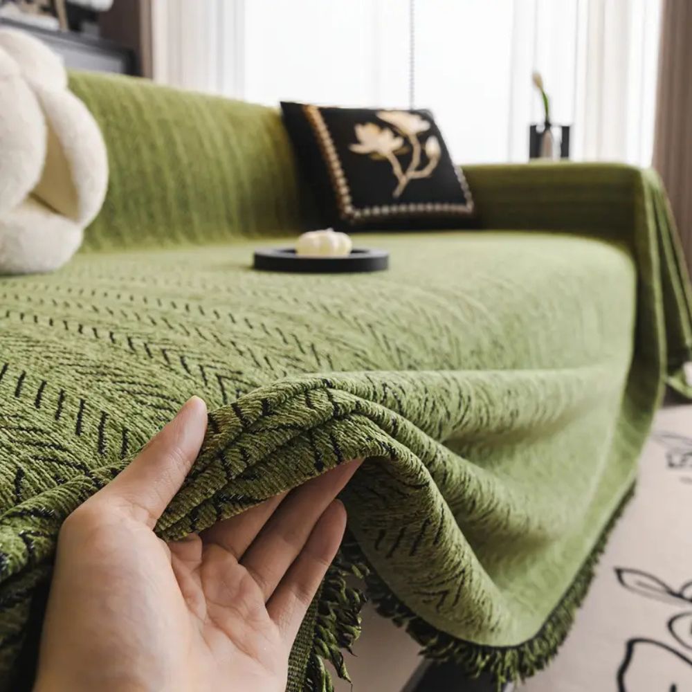Velzora - Housse de canapé chenille chevron à franges | Velzora