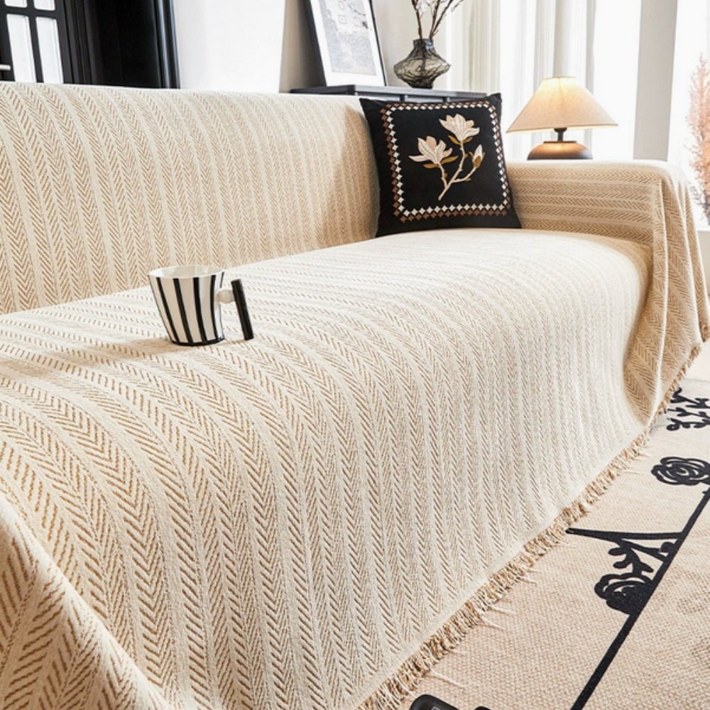 Velzora - Housse de canapé chenille chevron à franges | Velzora