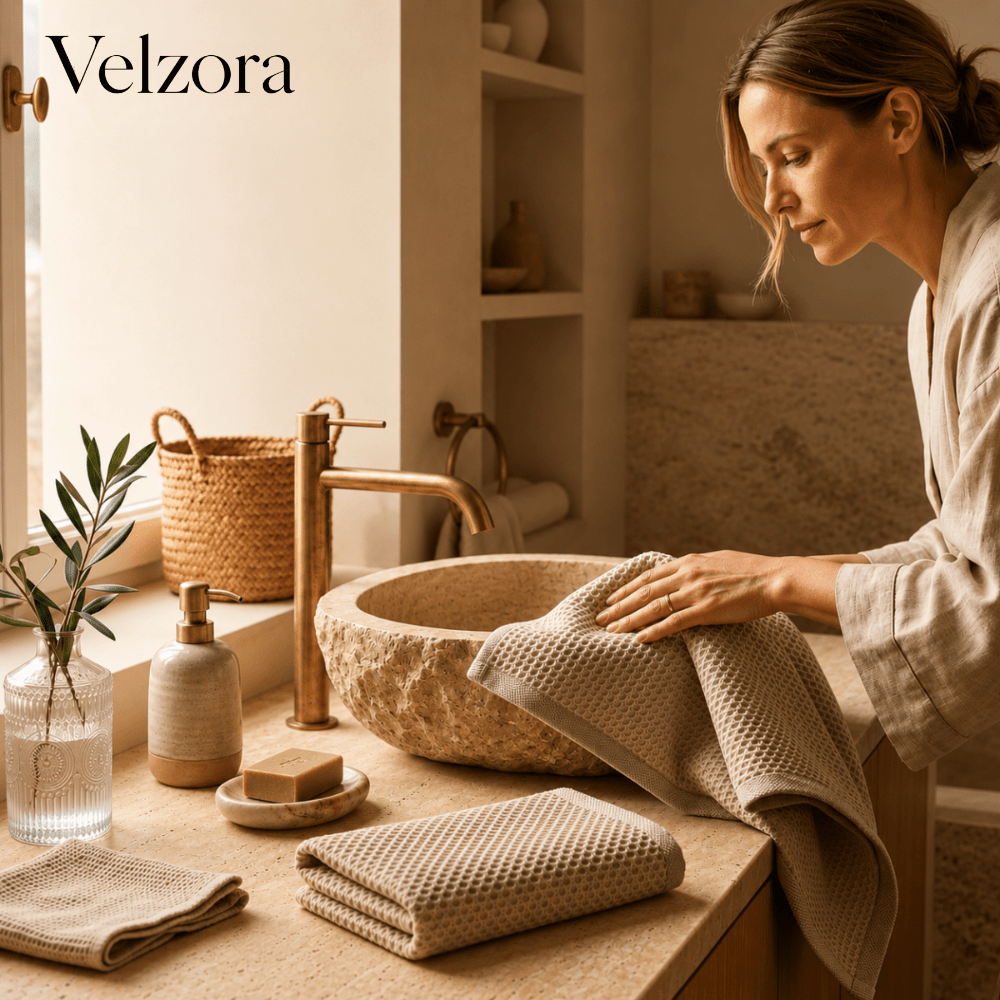Velzora - Lot de 6 torchons en coton gaufré – Tissage absorbant texturé | Velzora