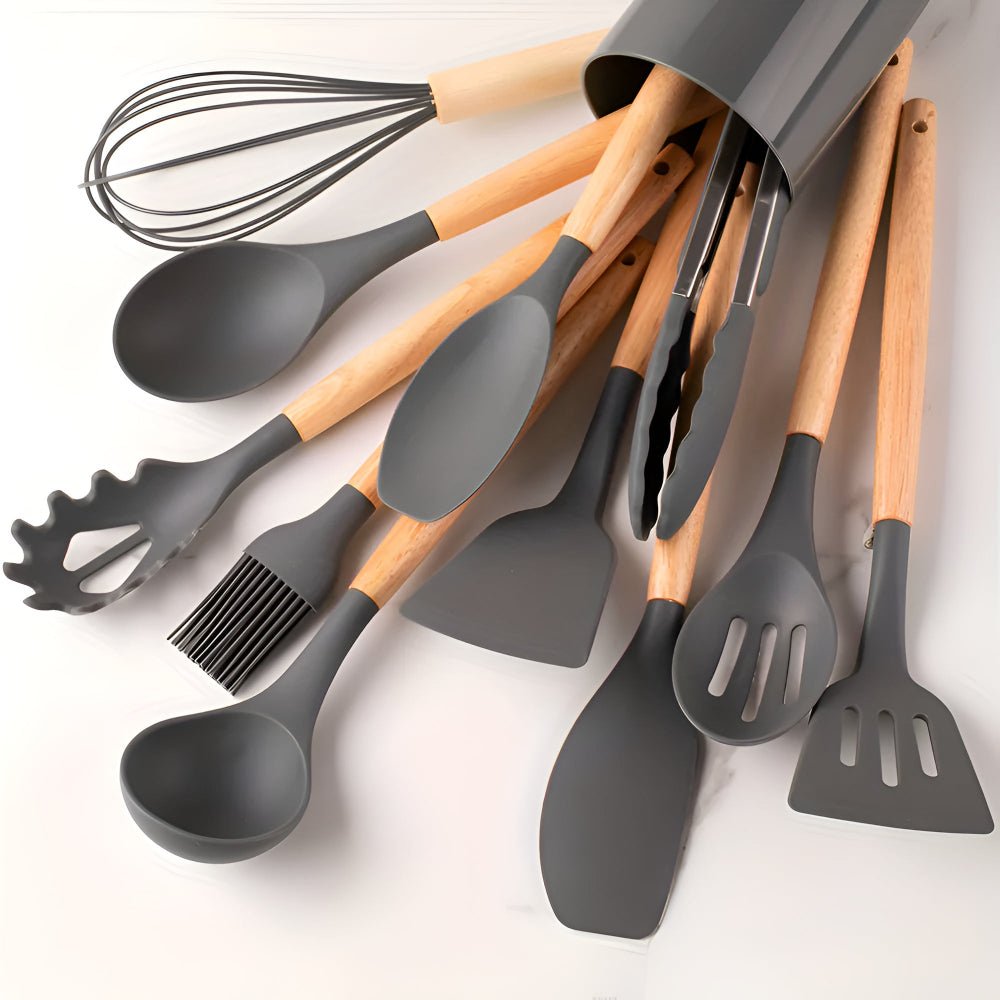 Velzora - Ensemble ustensiles cuisine 12 pièces en silicone et bambou | Velzora