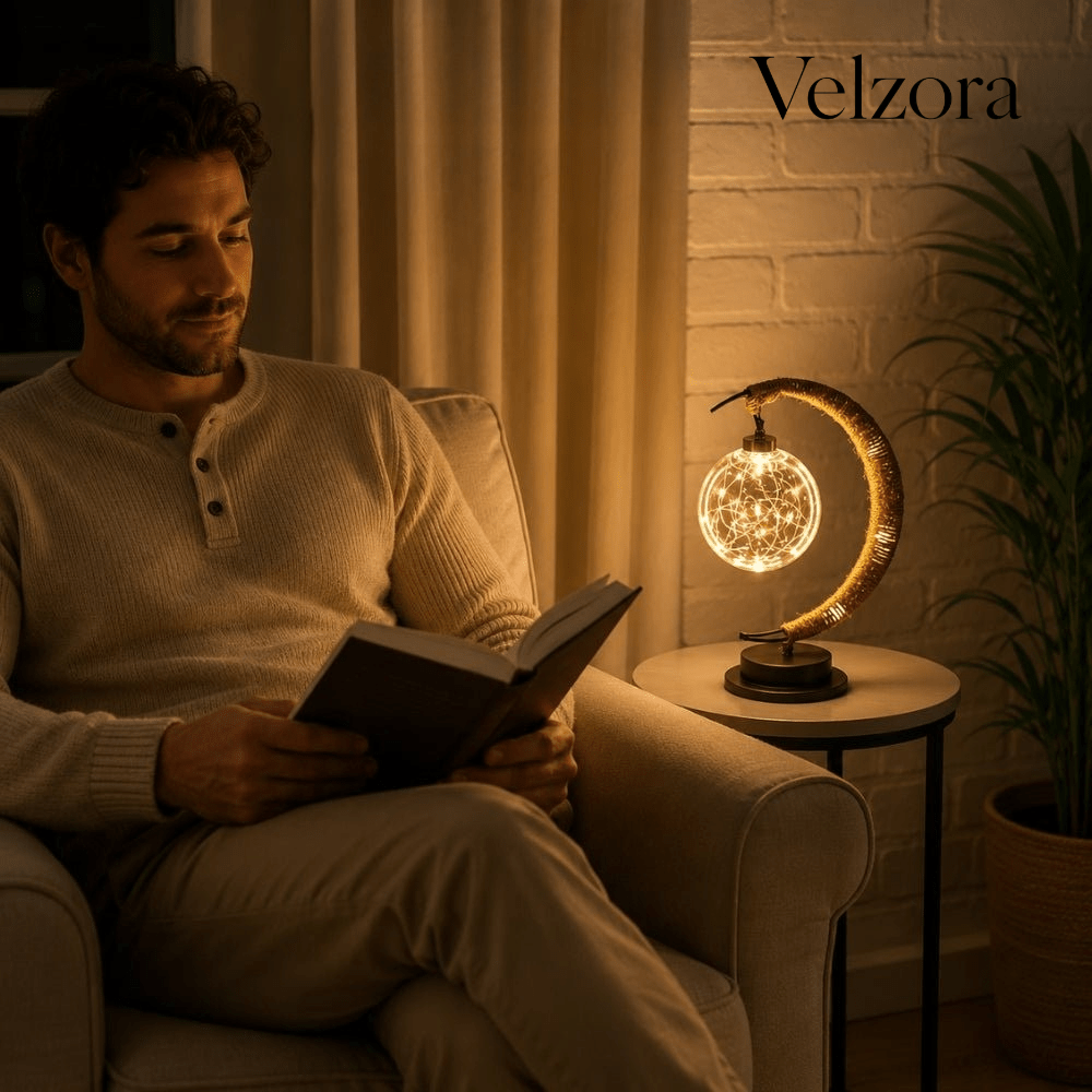 Velzora - Lampe d’ambiance LED sur socle lunaire en métal et corde tressée | Velzora