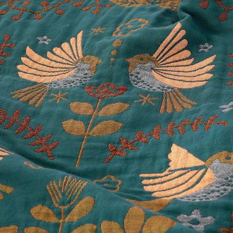 Velzora - Plaid décoratif en coton gaufré à motifs floraux et oiseaux | Velzora
