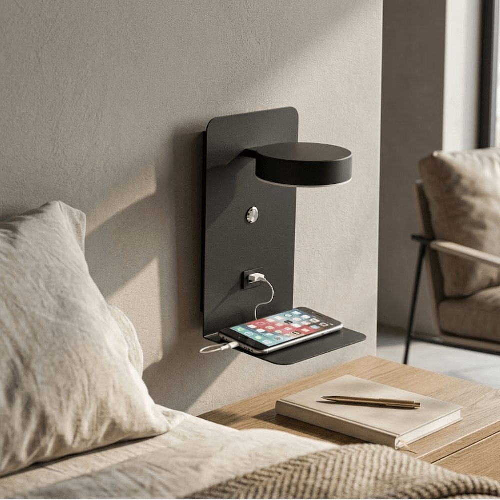 Velzora - Applique murale LED en aluminium avec étagère et port USB | Velzora