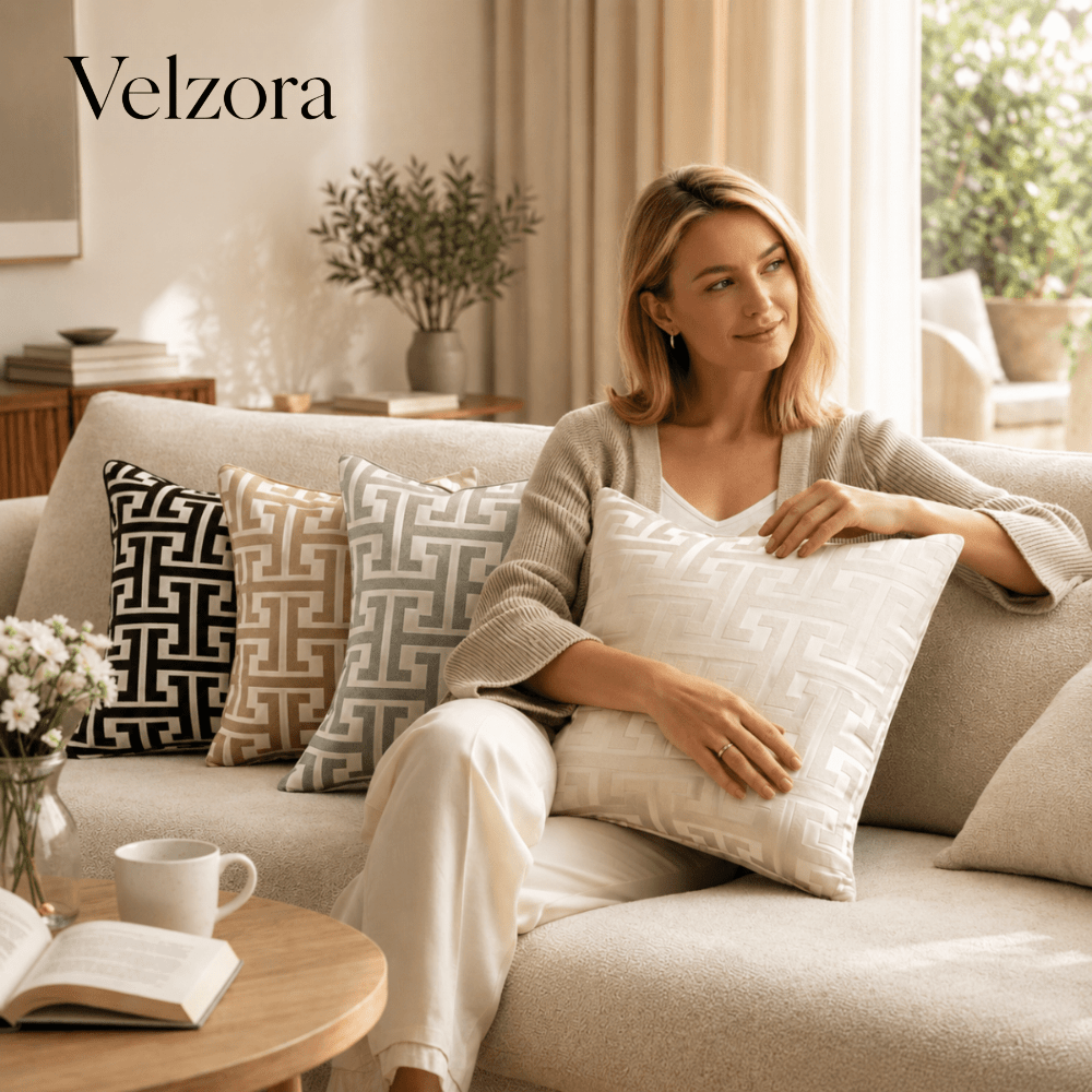 Velzora - Housse de coussin jacquard en velours texturé 45×45 cm