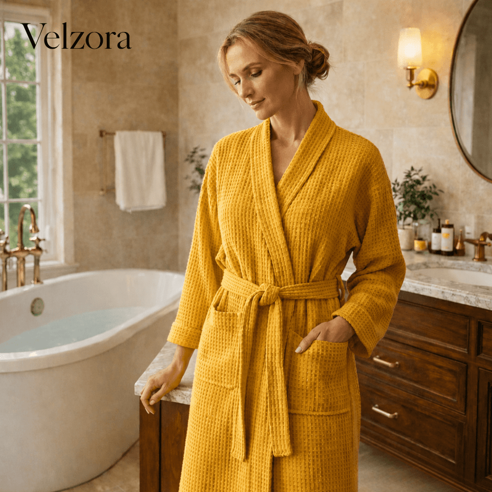 Velzora - Peignoir en coton gaufré à col en V | Velzora