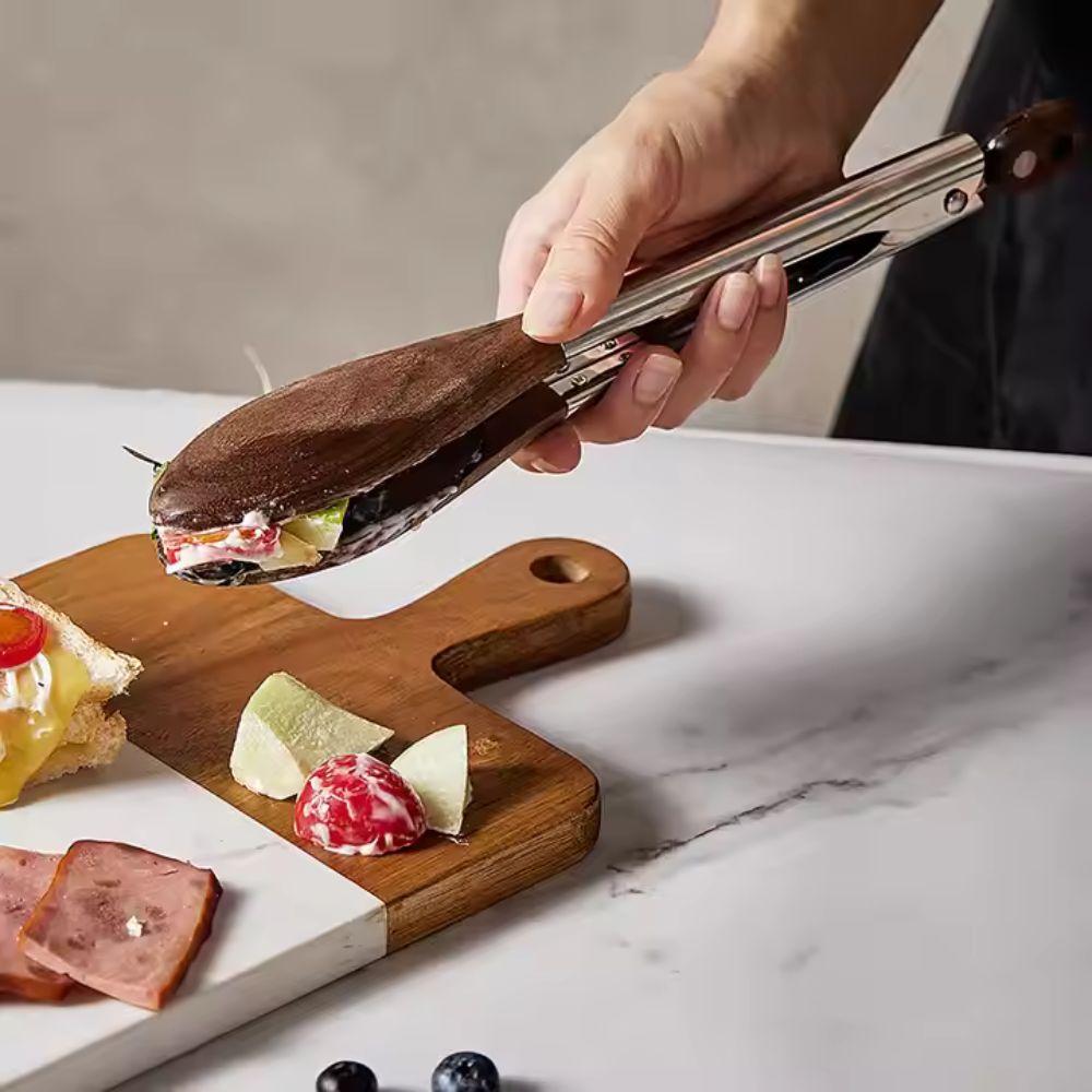 Velzora - Pinces de cuisine en acier inox et bois texturé, lot de 2 | Velzora