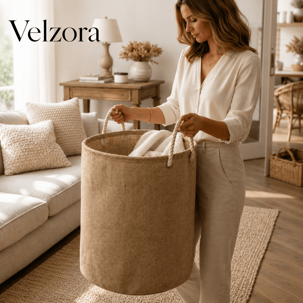 Velzora - Panier à linge pliable en coton-lin imperméable