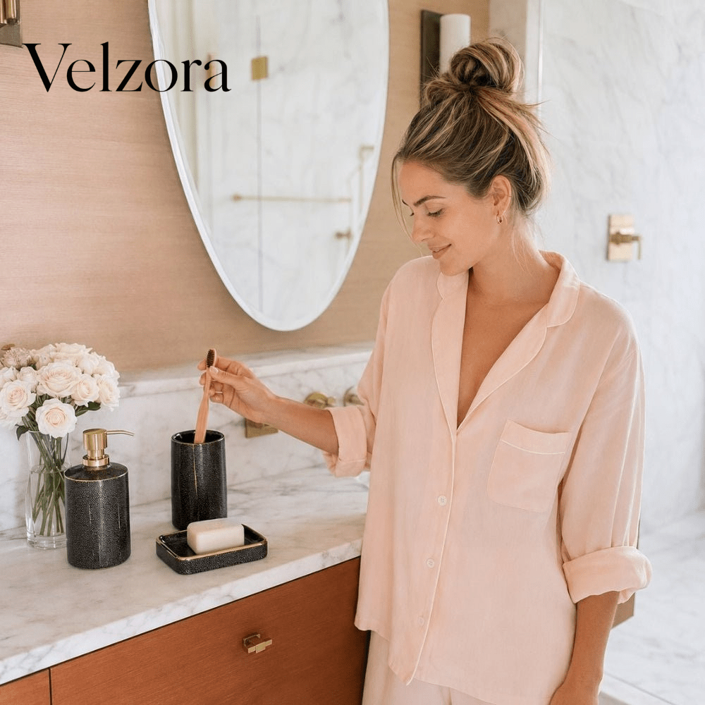 Velzora - Ensemble accessoires salle de bain céramique bords dorés | Velzora