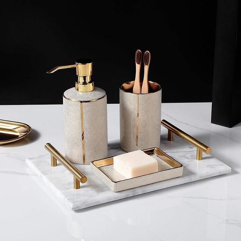 Velzora - Ensemble accessoires salle de bain céramique bords dorés | Velzora