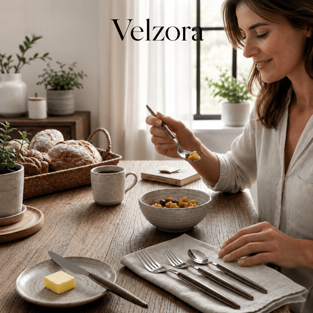 Velzora - Ménagère en acier inoxydable brossé – Détails bois naturel | Velzora