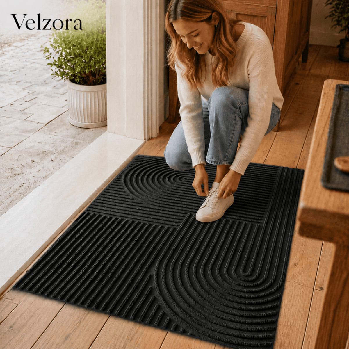 Velzora - Paillasson absorbant à lignes courbes en microfibre | Velzora