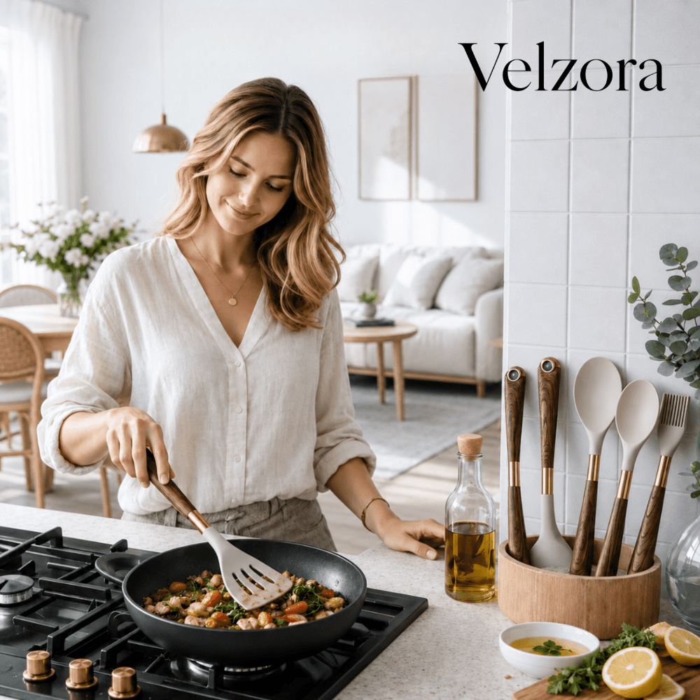 Velzora - Ensemble d’ustensiles 11 pièces silicone bois et or | Velzora