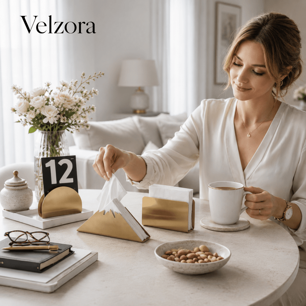 Velzora - Porte-serviettes de table en acier doré au design sculptural | Velzora