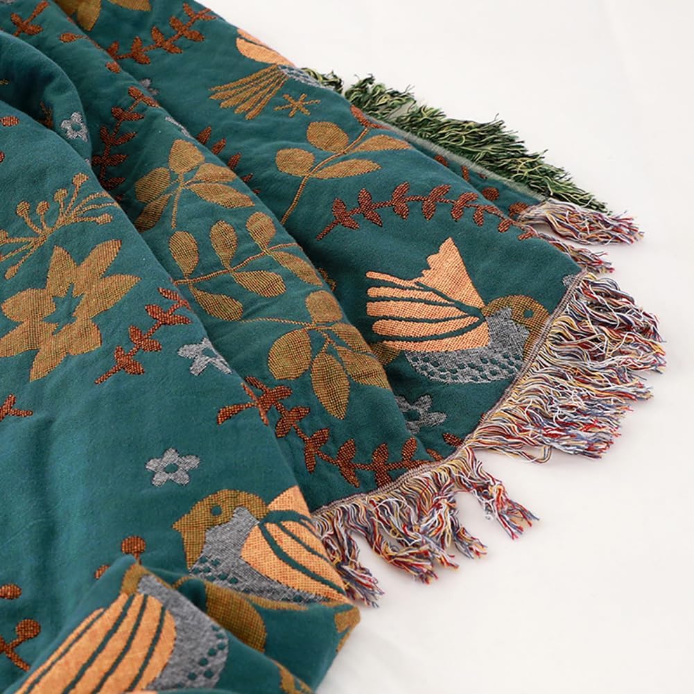 Velzora - Plaid décoratif en coton gaufré à motifs floraux et oiseaux | Velzora