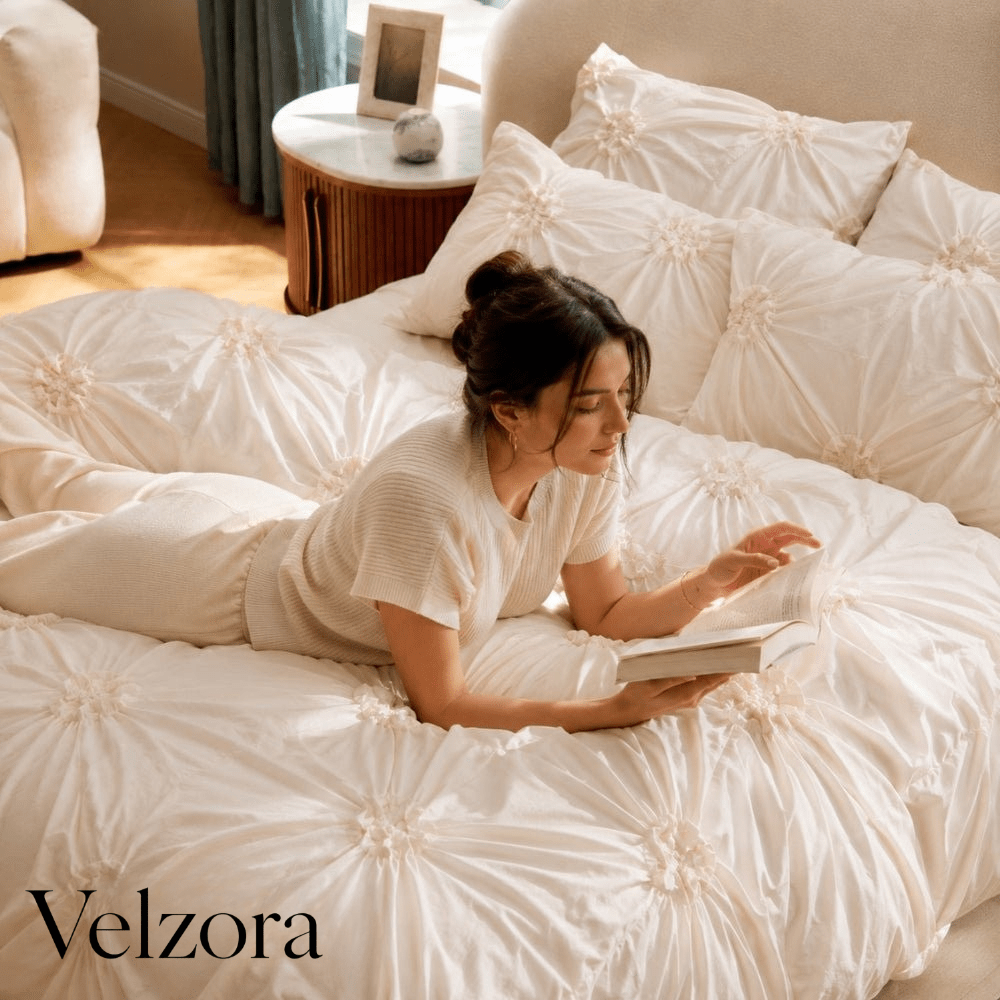 Velzora - Housse de couette texturée à plis floraux en coton mélangé | Velzora