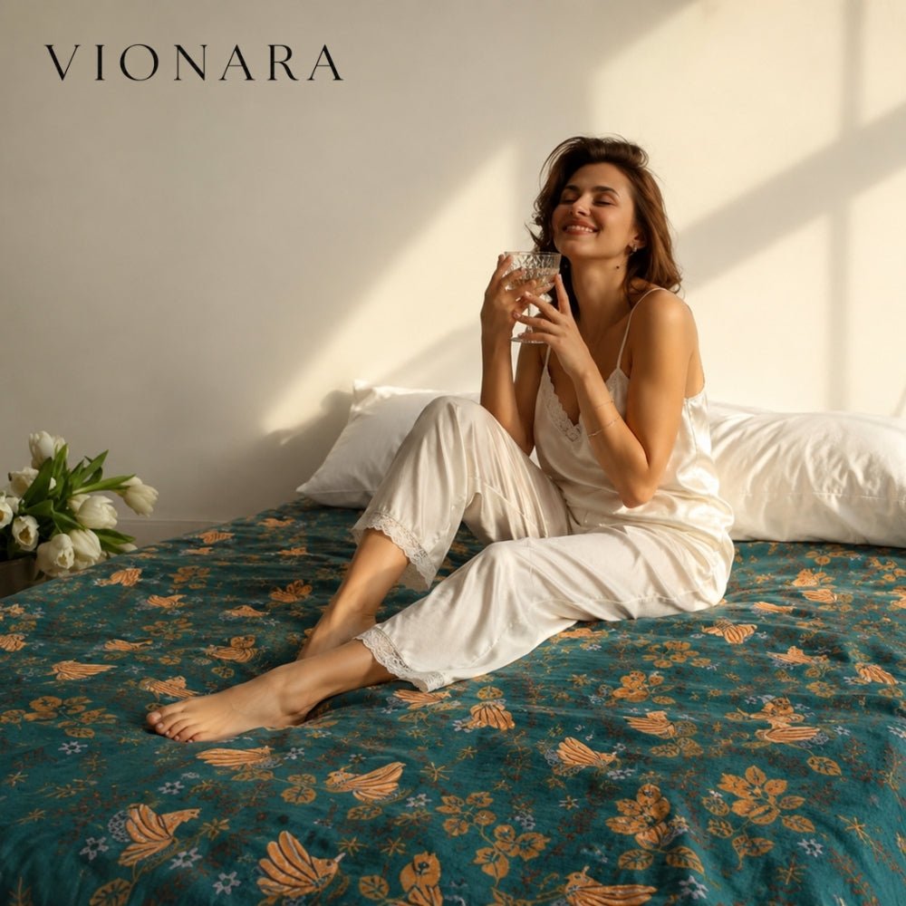 Velzora - Plaid décoratif en coton gaufré à motifs floraux et oiseaux | Velzora