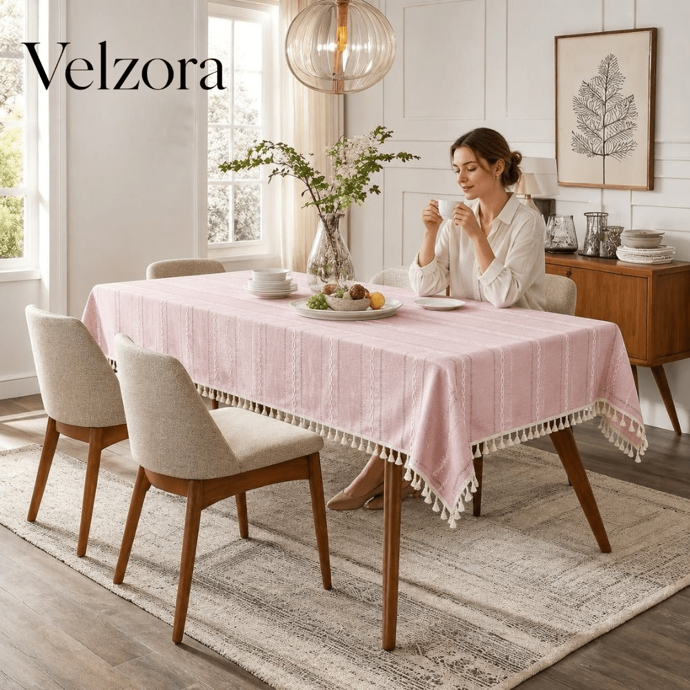 Velzora - Nappe coton-lin rayée brodée | Velzora