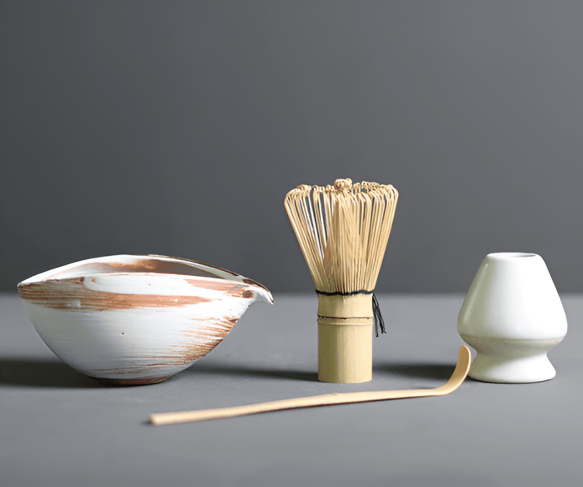 Velzora - Service à matcha japonais en céramique et bambou – 4 pièces