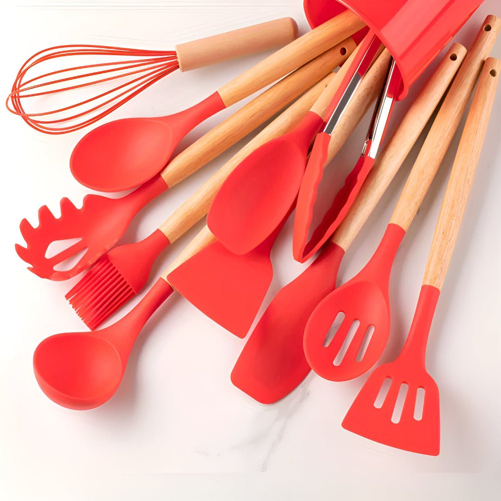 Velzora - Ensemble ustensiles cuisine 12 pièces en silicone et bambou | Velzora