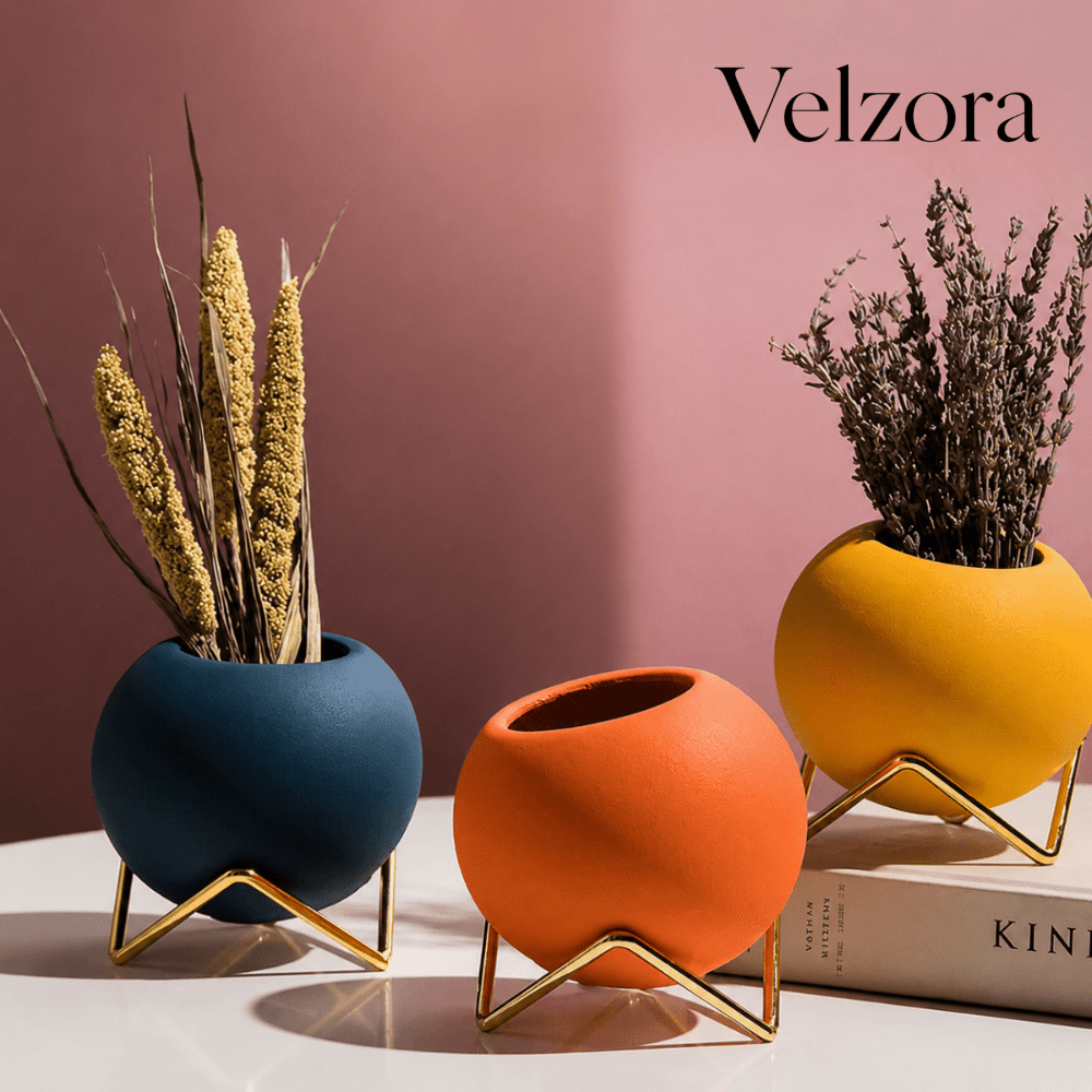 Velzora - Cache-pot en céramique texturée sur pied en métal | Velzora