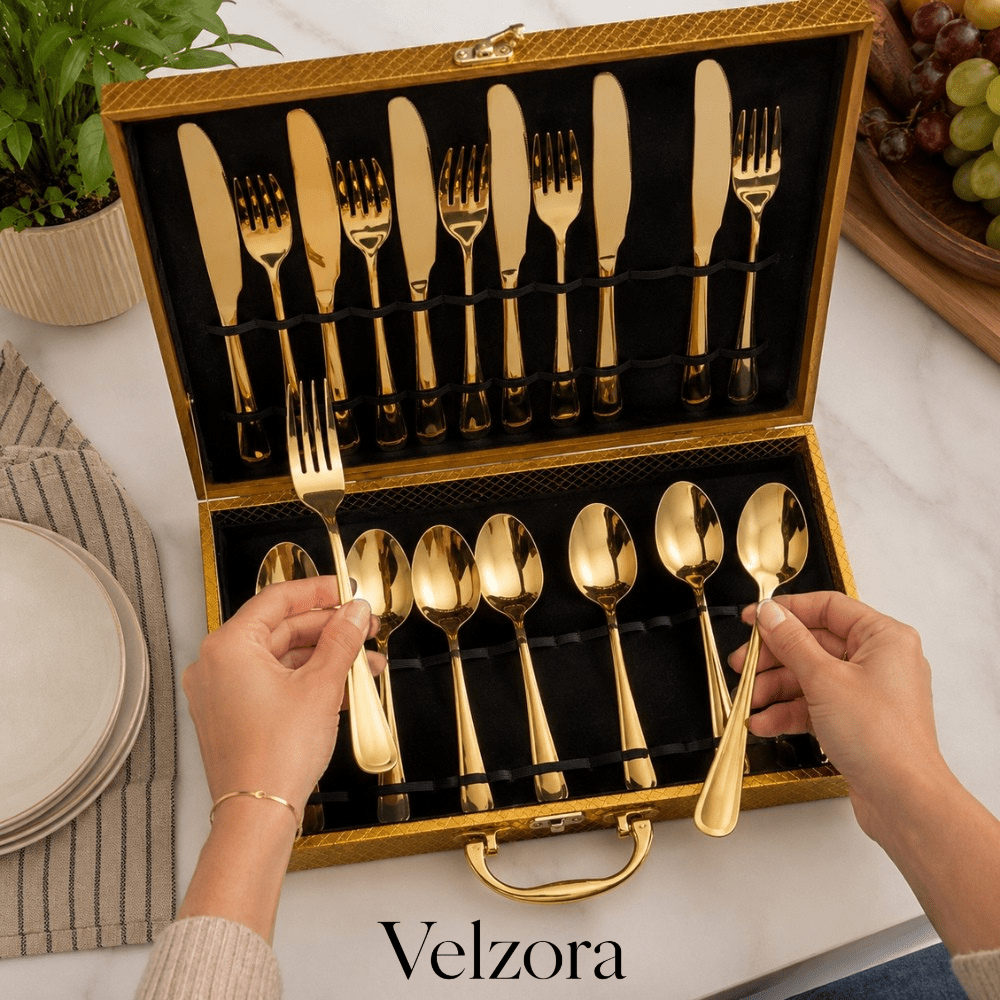 Velzora - Ménagère en acier inoxydable doré poli – Forme goutte d’eau | Velzora