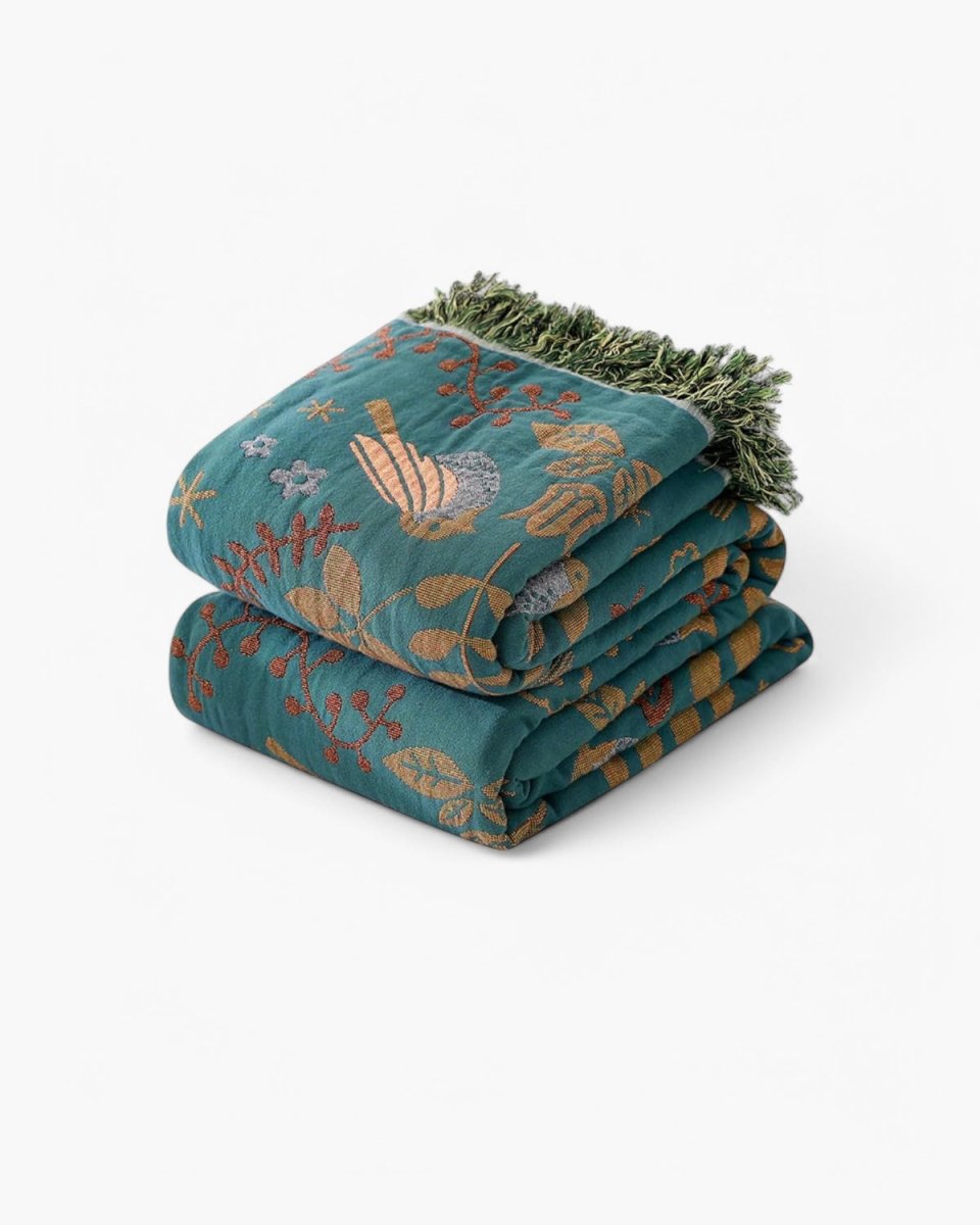 Velzora - Plaid décoratif en coton gaufré à motifs floraux et oiseaux | Velzora