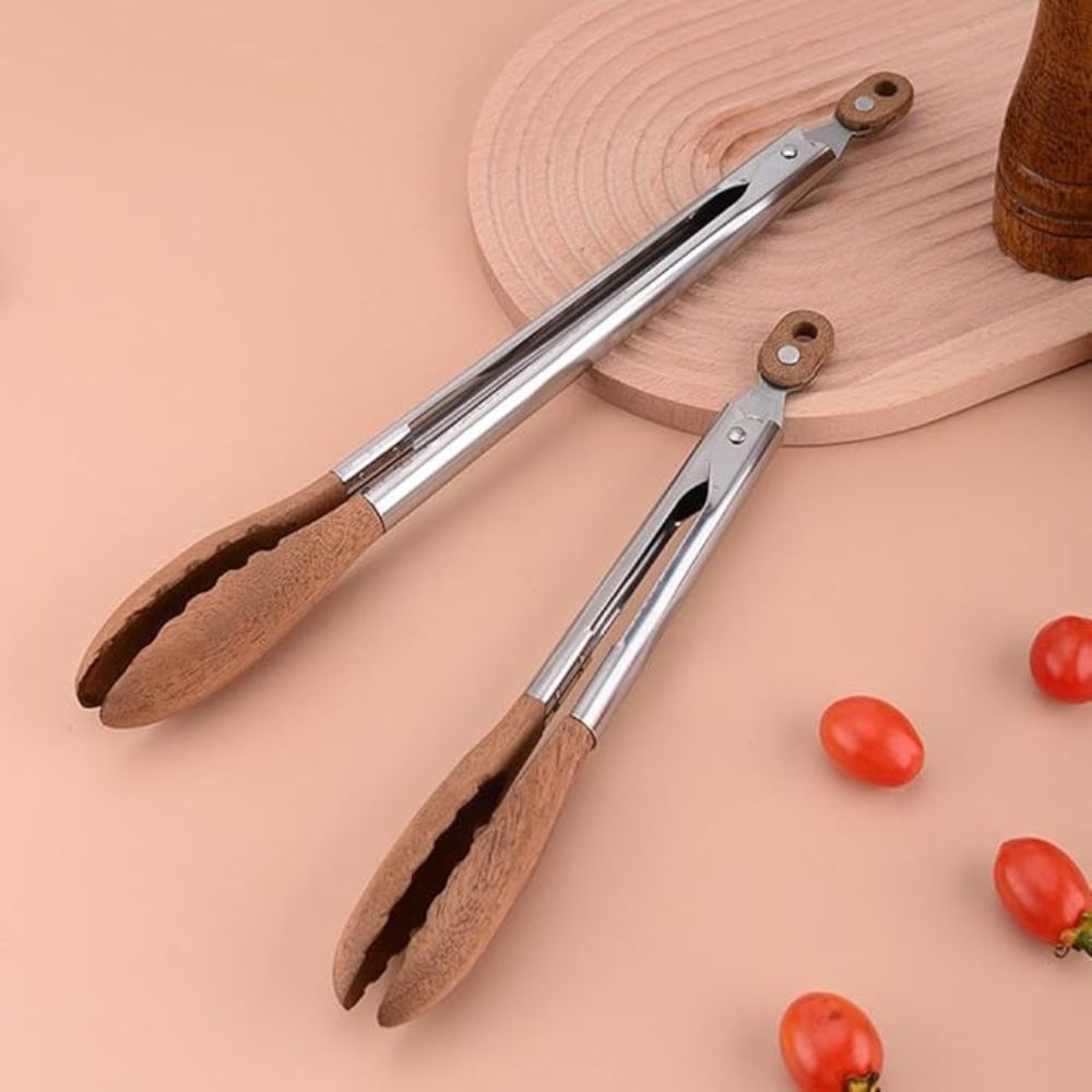 Velzora - Pinces de cuisine en acier inox et bois texturé, lot de 2 | Velzora