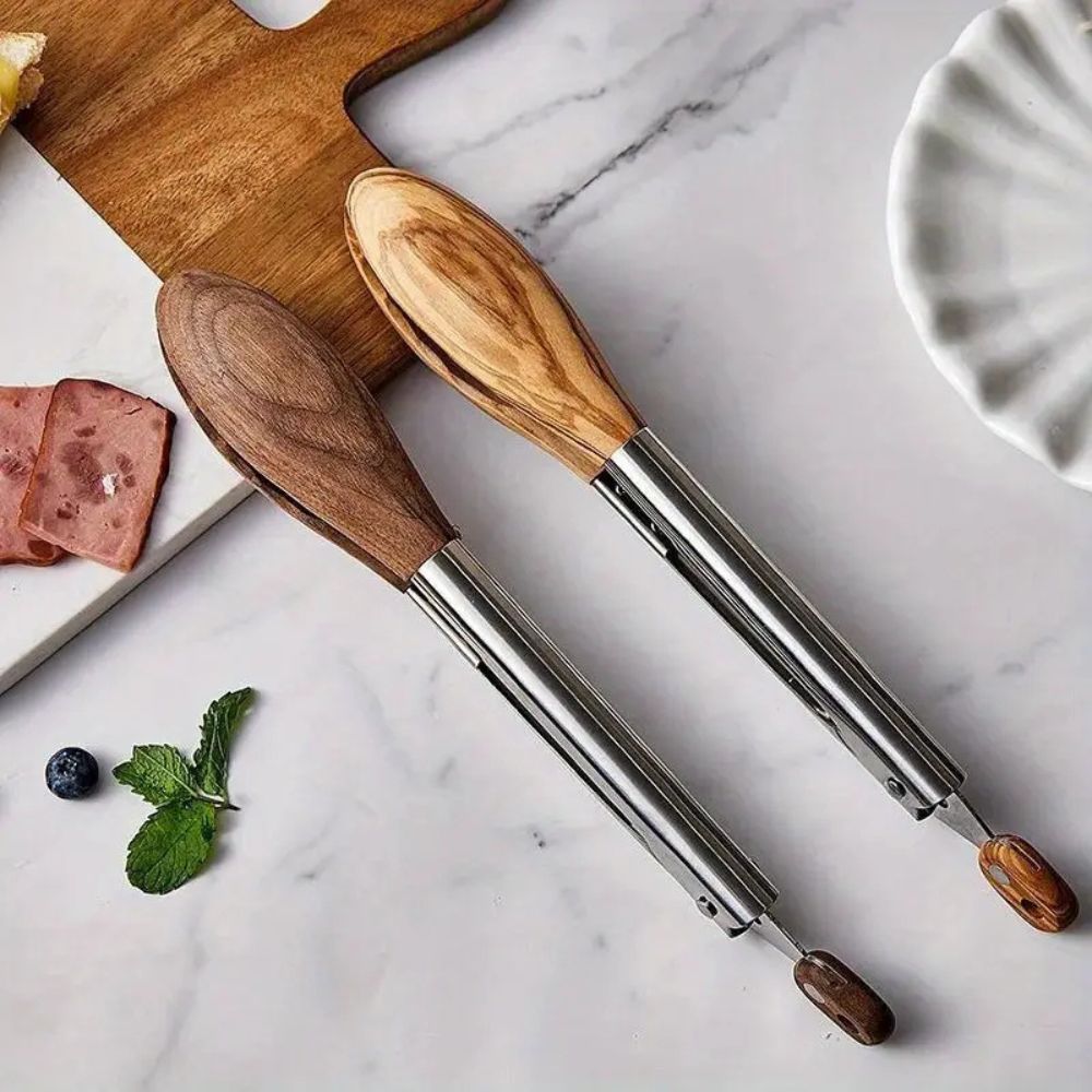 Velzora - Pinces de cuisine en acier inox et bois texturé, lot de 2 | Velzora
