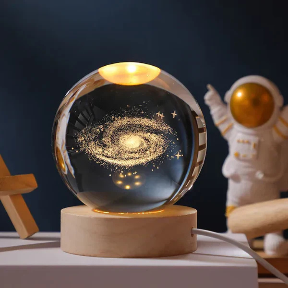 Engraved glass light ball on wooden base | Velzora