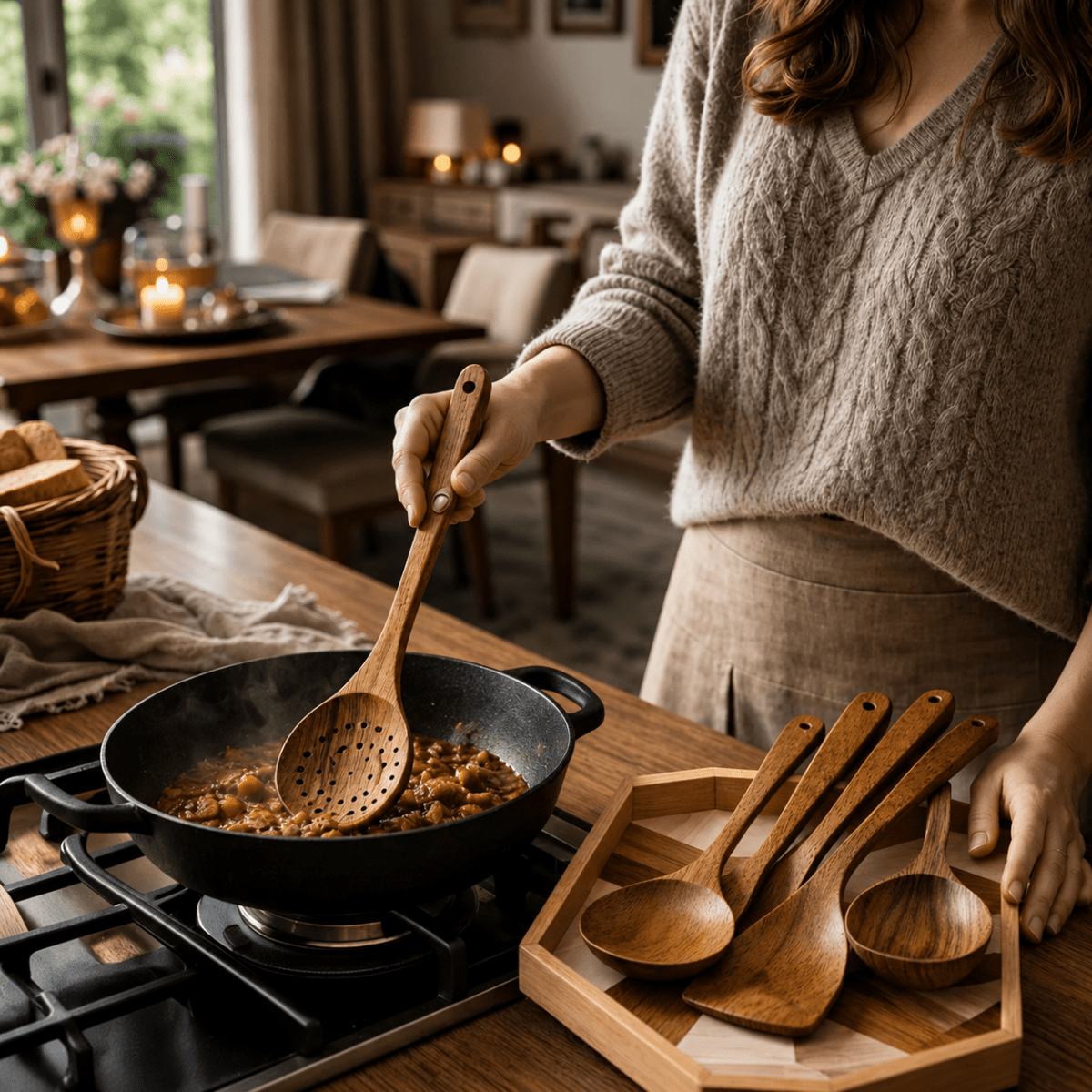 Velzora - Set d’ustensiles de cuisine en bois naturel (5 pièces) | Velzora