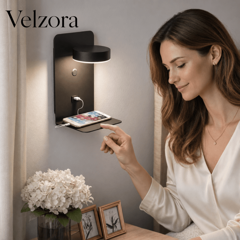 Velzora - Applique murale LED en aluminium avec étagère et port USB | Velzora