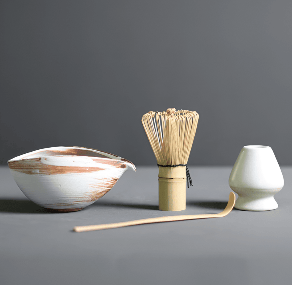 Velzora - Service à matcha japonais en céramique et bambou – 4 pièces