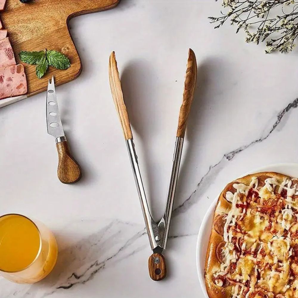 Velzora - Pinces de cuisine en acier inox et bois texturé, lot de 2 | Velzora