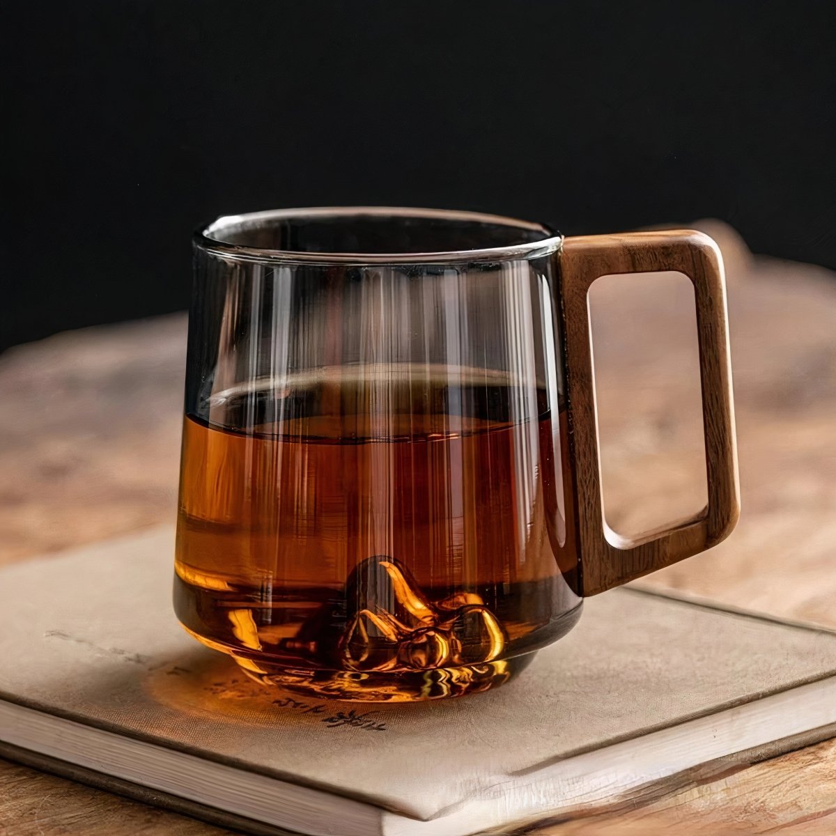 Velzora - Tasses à café inclinées en verre fumé avec poignée en noyer