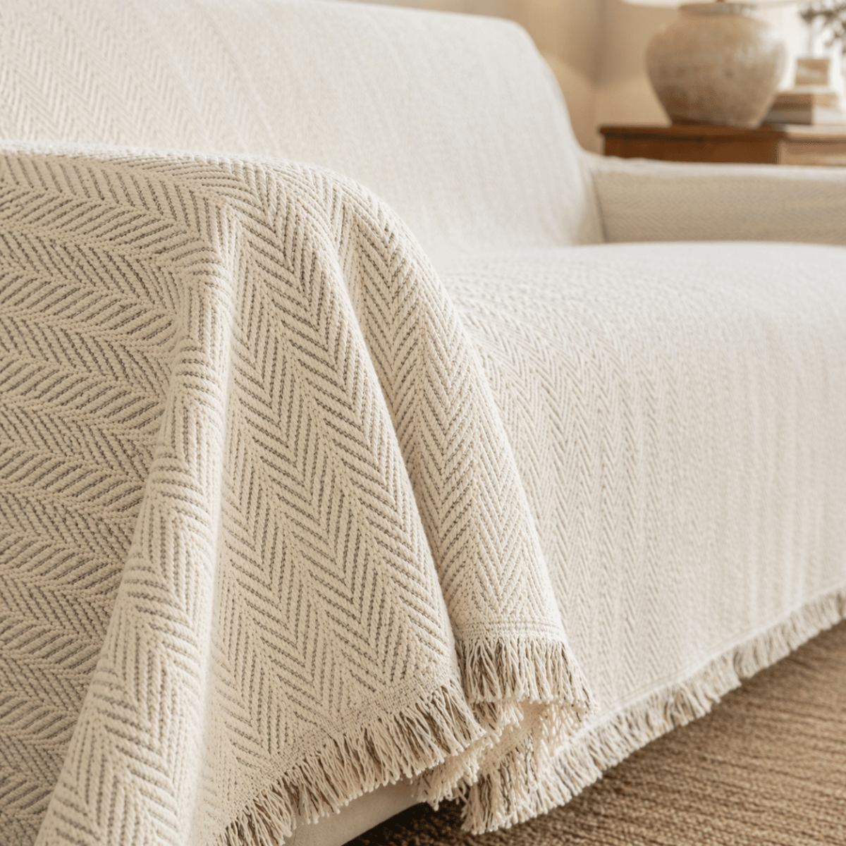 Velzora - Housse de canapé chenille chevron à franges | Velzora