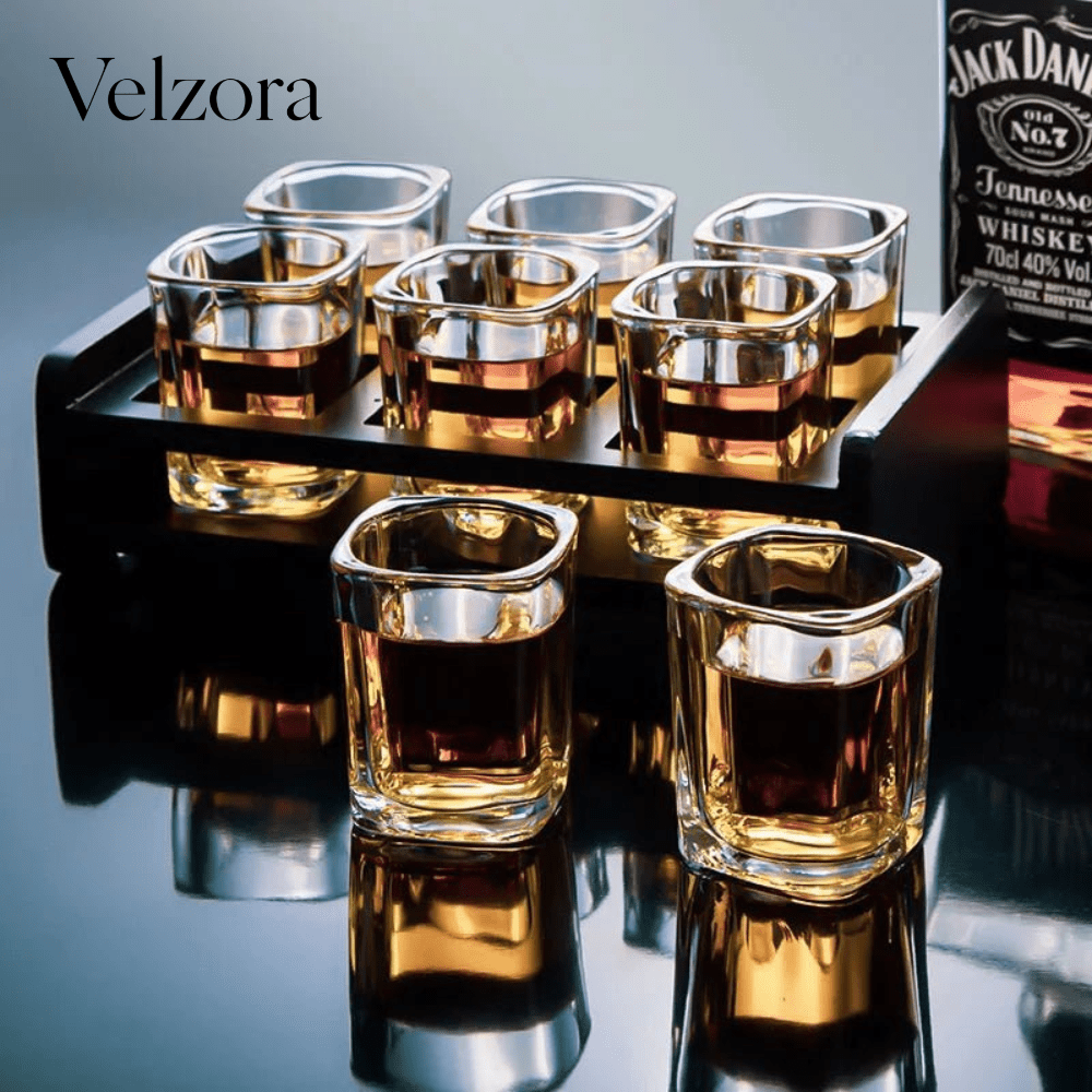 Velzora - Service à whisky en verre trempé avec plateau noir mat