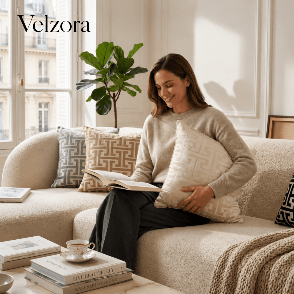 Velzora - Housse de coussin jacquard en velours texturé 45×45 cm