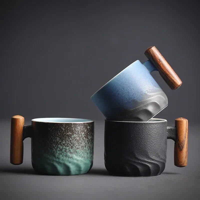 Velzora - Tasse à espresso vintage en céramique avec poignée en bois