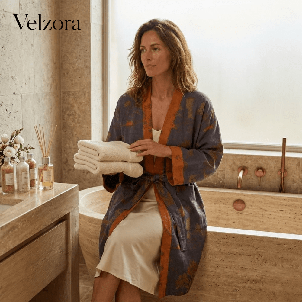 Velzora - Peignoir kimono en coton gaufré naturel à coupe ample | Velzora