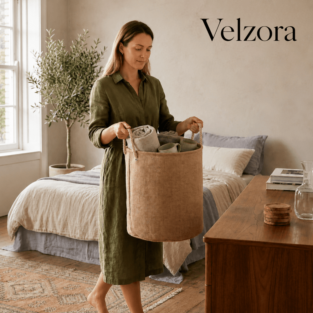 Velzora - Panier à linge pliable en coton-lin imperméable