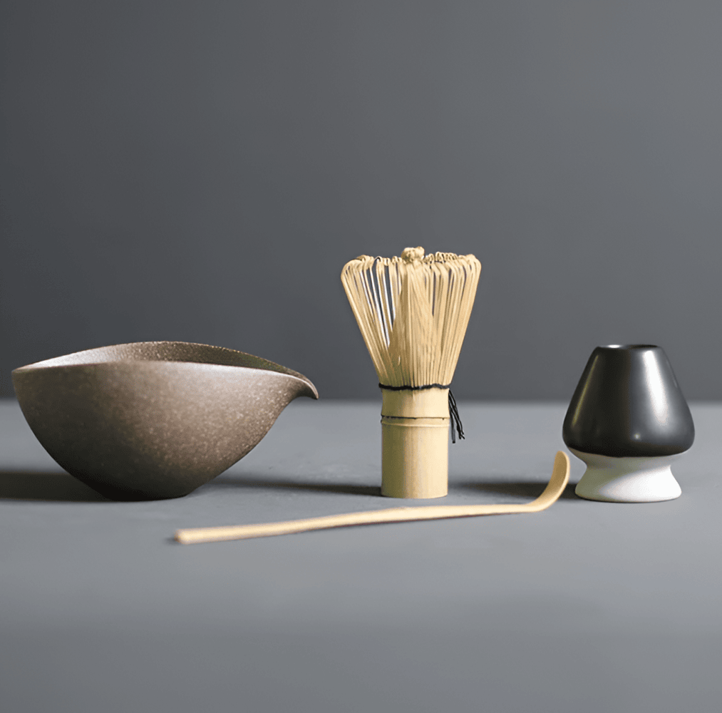 Velzora - Service à matcha japonais en céramique et bambou – 4 pièces