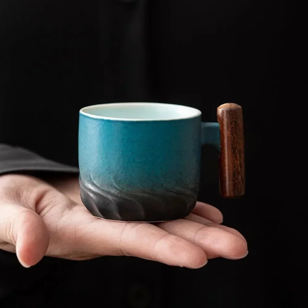 Velzora - Tasse à espresso vintage en céramique avec poignée en bois