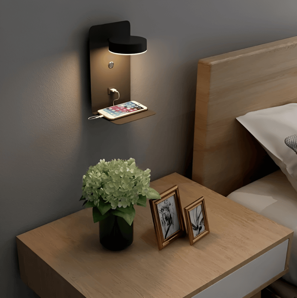 Velzora - Applique murale LED en aluminium avec étagère et port USB | Velzora